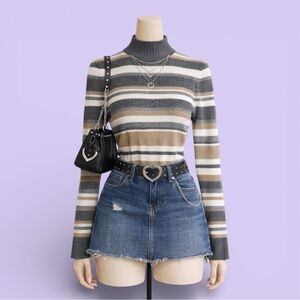 Vintage Y2K Tan Gray Striped Ribbed Mock Neck Sweater Size M